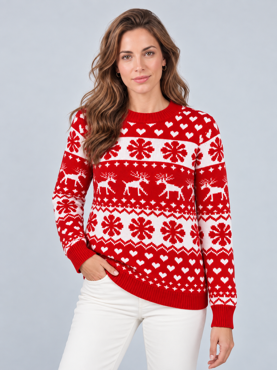 Jersey Navideño Mujer Rojo Renos Copos y Corazones Cuello Redondo