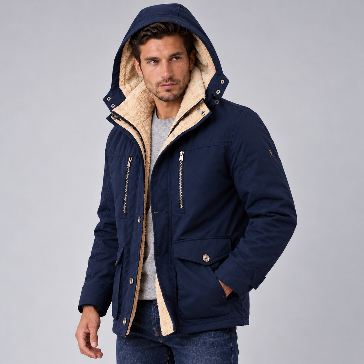 Chaqueta Hombre Impermeable con Capucha y Forro Polar