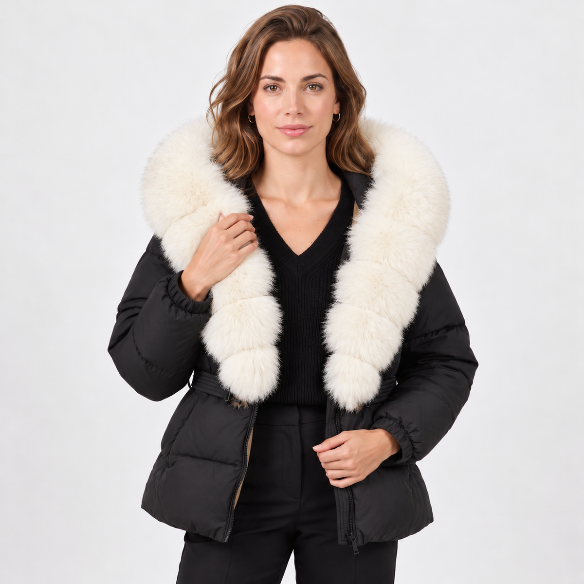 Women's Faux Leather Hooded Puffer Jacket - Quilted Winter Coat