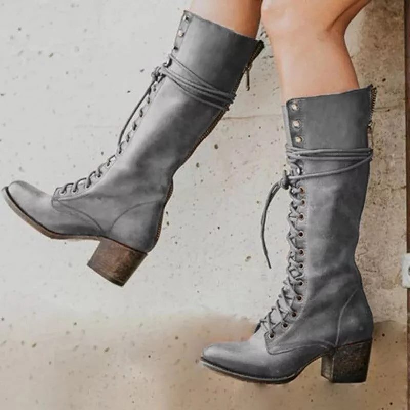 Botas Altas Mujer con Cordones y Tacón Grueso