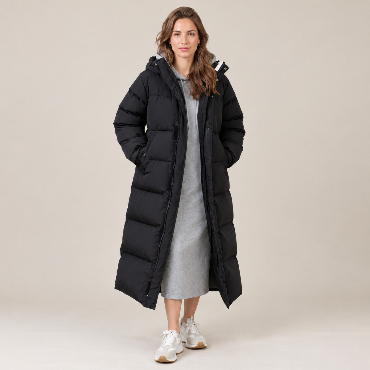 Abrigo Largo Acolchado de Plumón para Mujer con Capucha, Impermeable