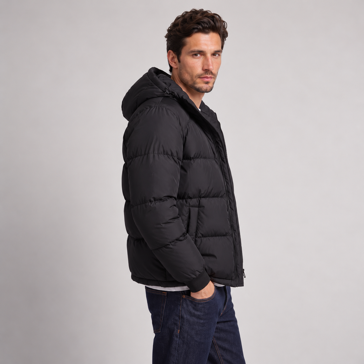 Chaqueta Acolchada con Capucha para Hombre, Cierre de Cremallera