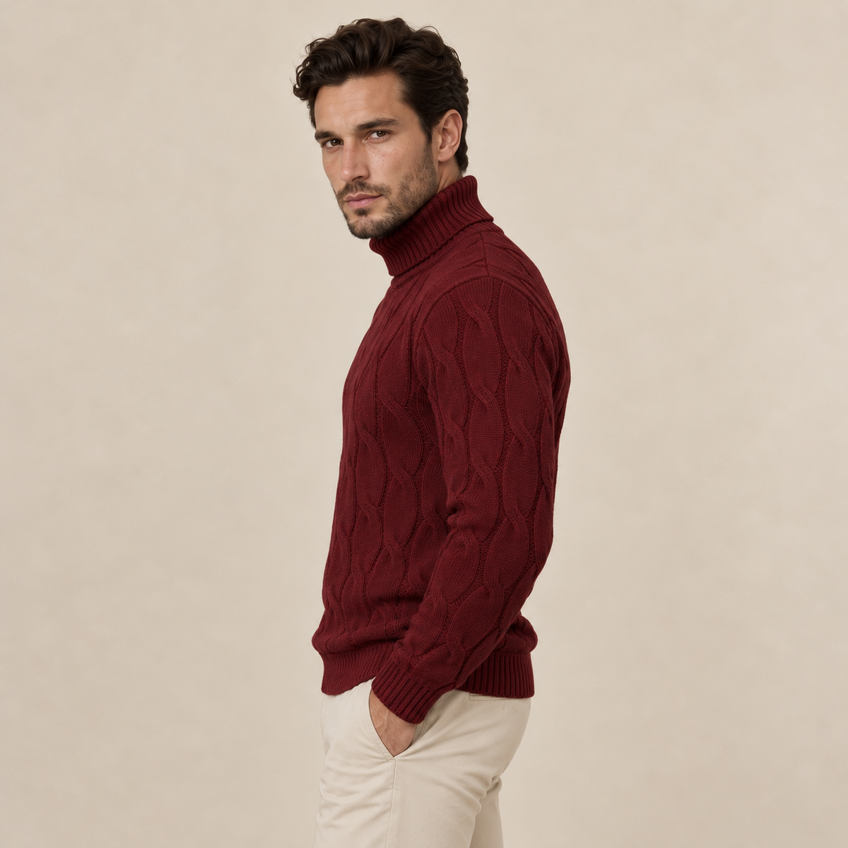 Men's Cable Knit Turtleneck Sweater - Chunky Pullover
