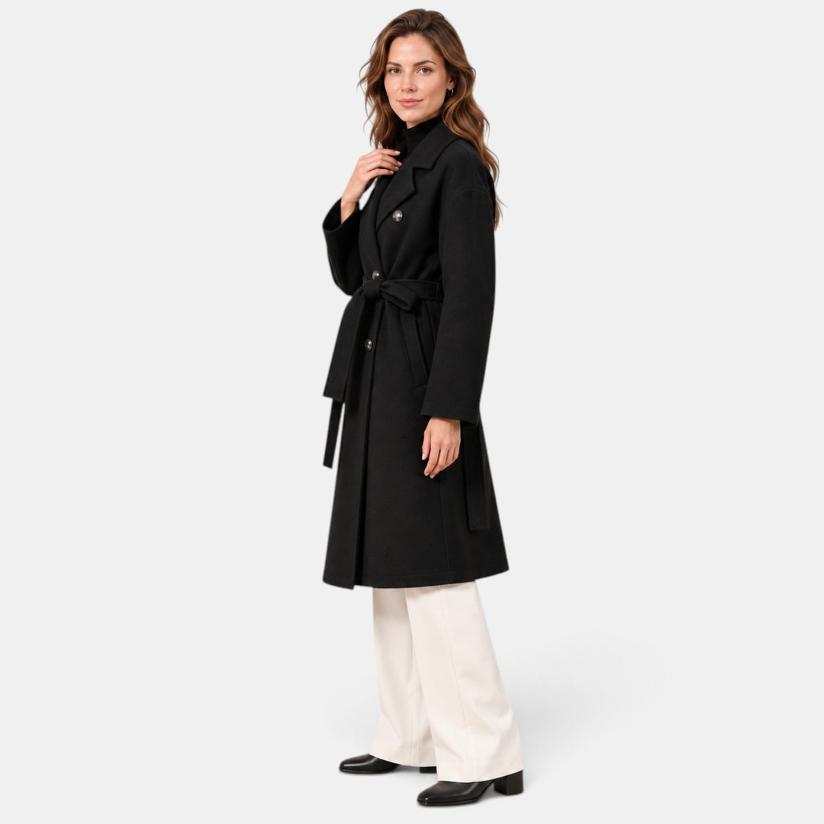 Women's Long Double-Breasted Belted Coat - Classic Overcoat