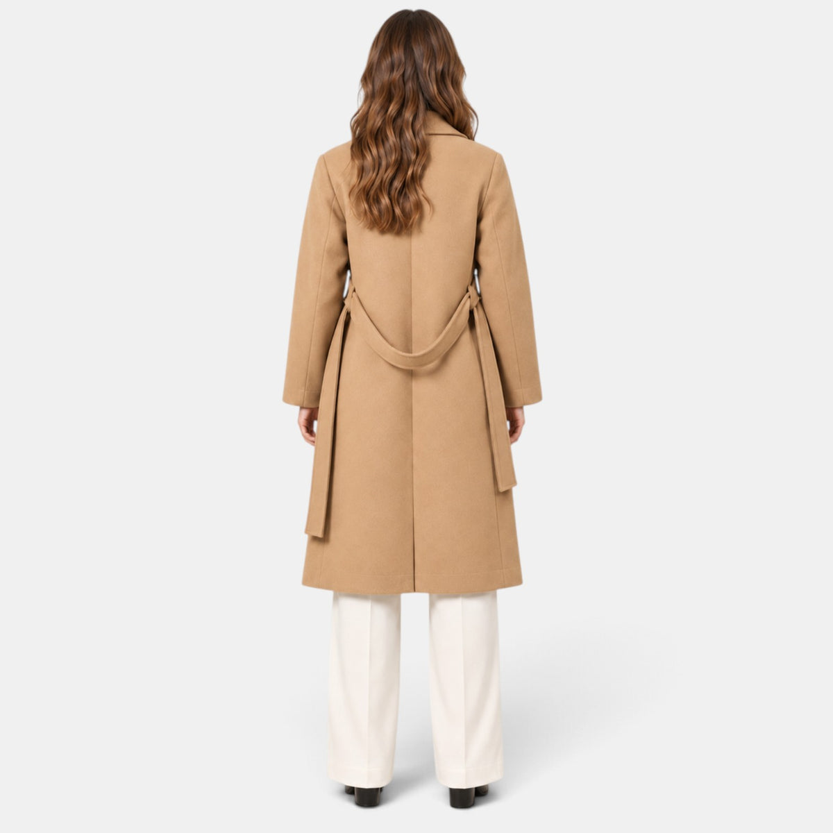 Women's Long Double-Breasted Belted Coat - Classic Overcoat