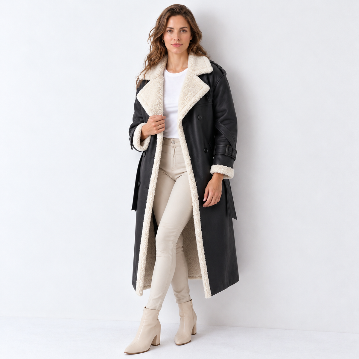 Women's Quilted Trench Coat with Sherpa Collar - Padded