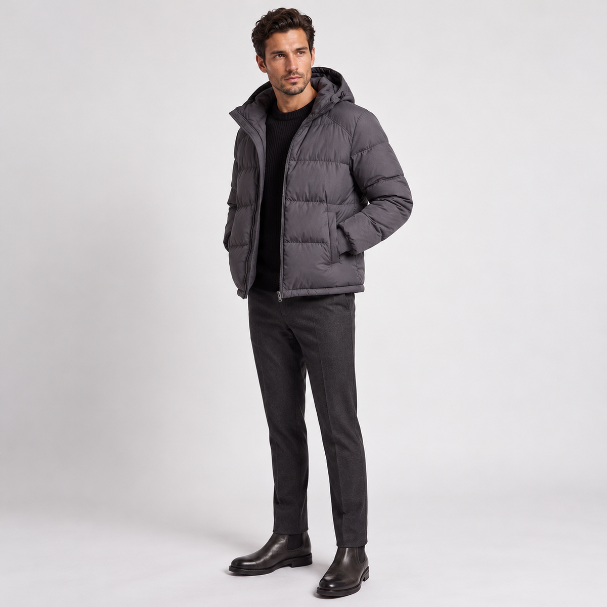 Chaqueta Acolchada con Capucha para Hombre, Cierre de Cremallera