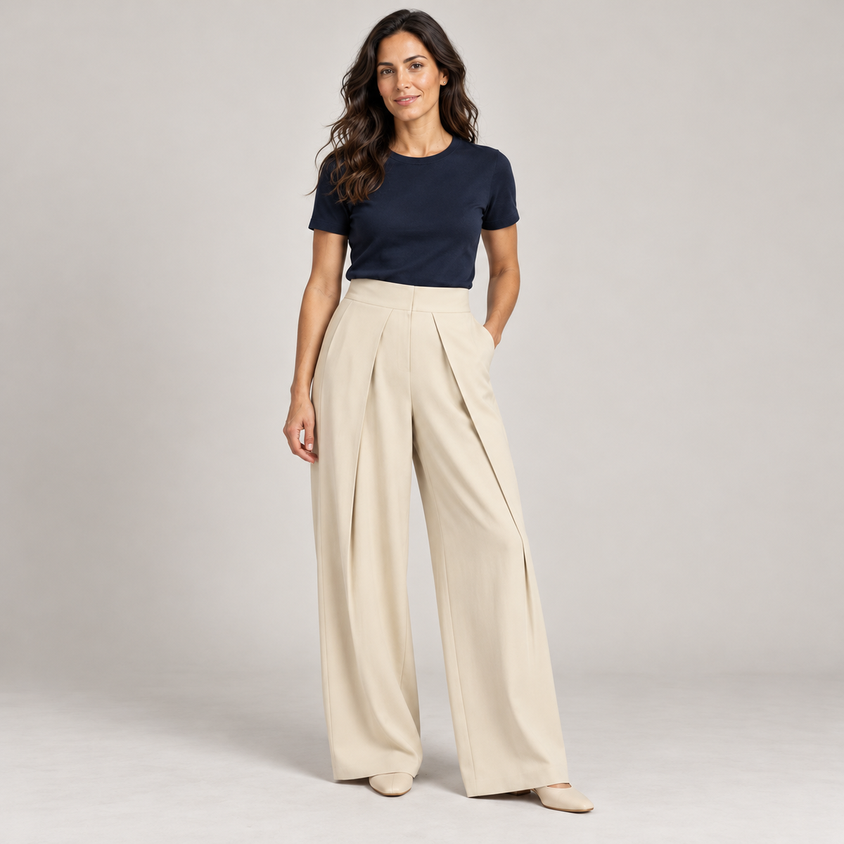 Women's High-Waisted Pleated Wide Leg Pants - Front Darts