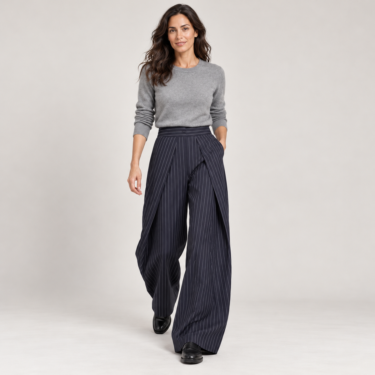 Women's High-Waisted Pleated Wide Leg Pants - Front Darts