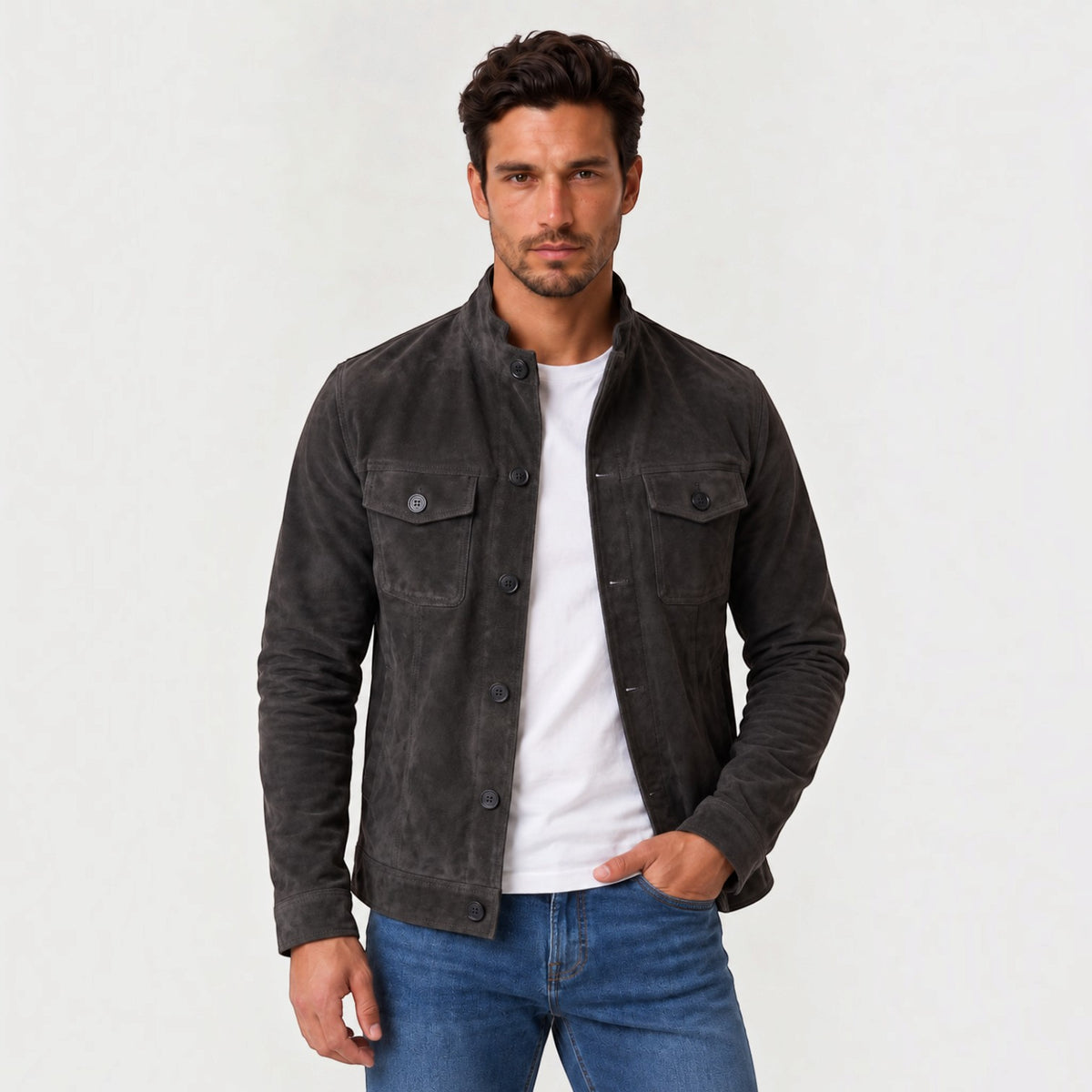 Men's Faux Suede Button-Up Trucker Jacket