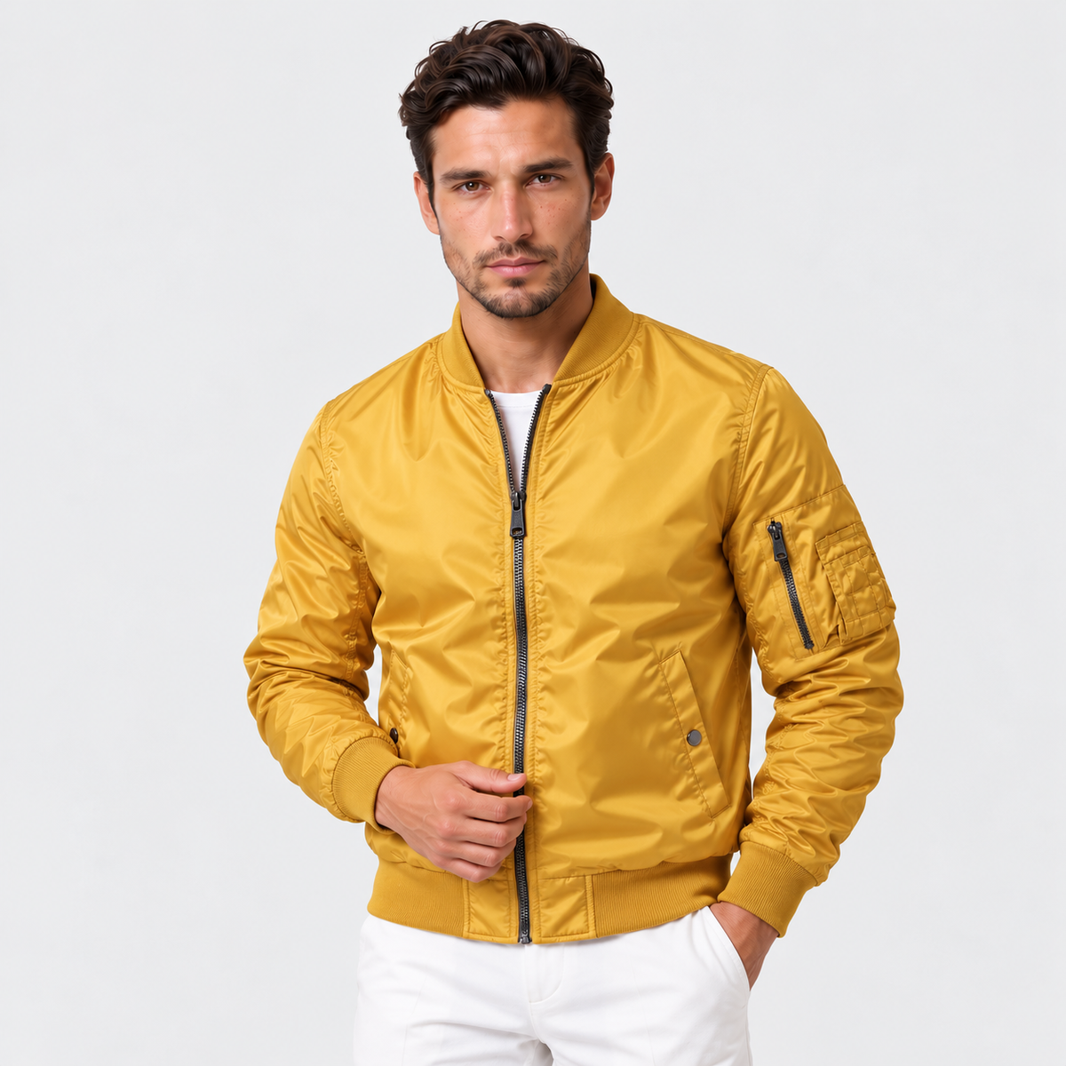 Men's Bomber Jacket - Ribbed Collar and Cuffs, Up to 5XL