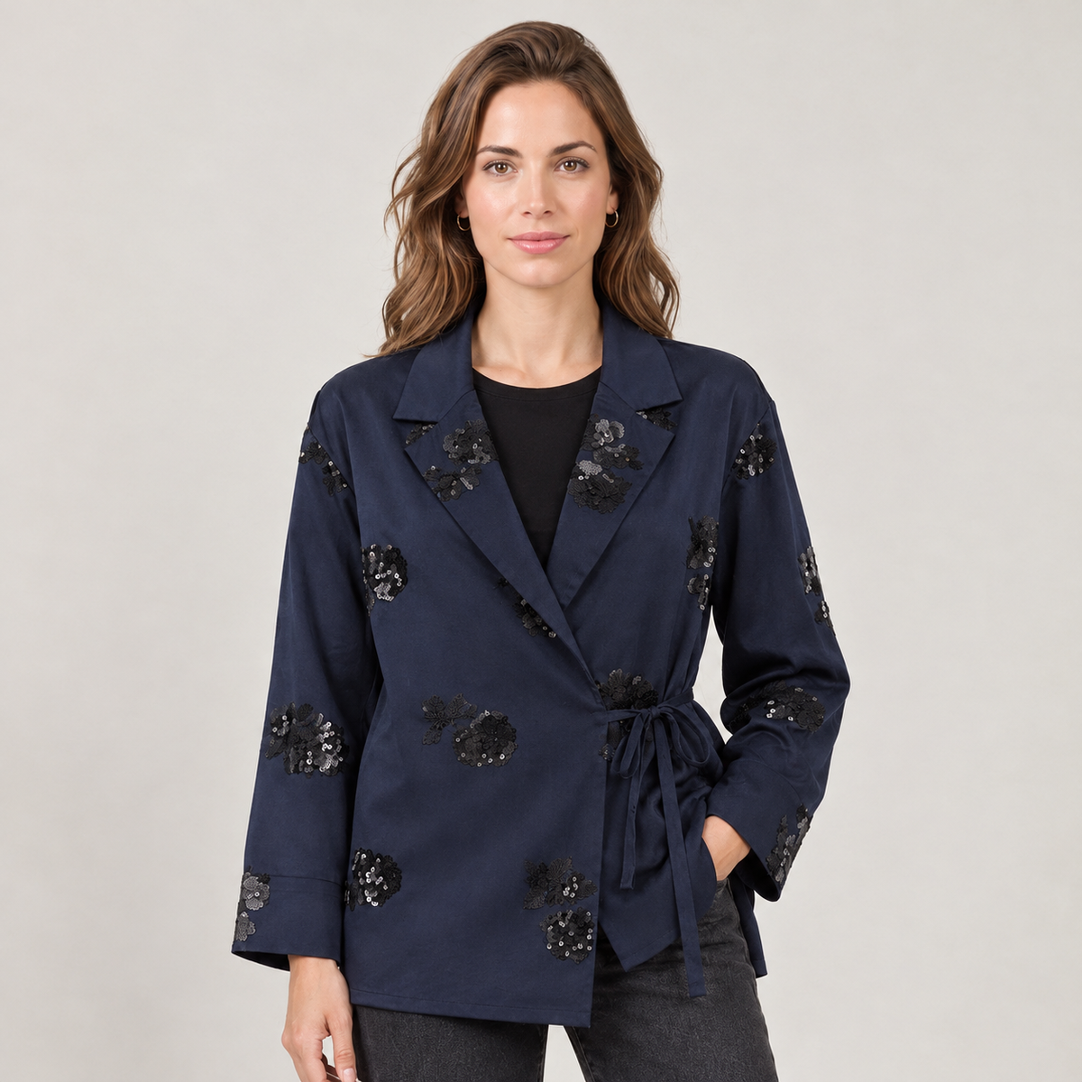 Women's Navy Blue Sequin Blazer and Pants Suit Set