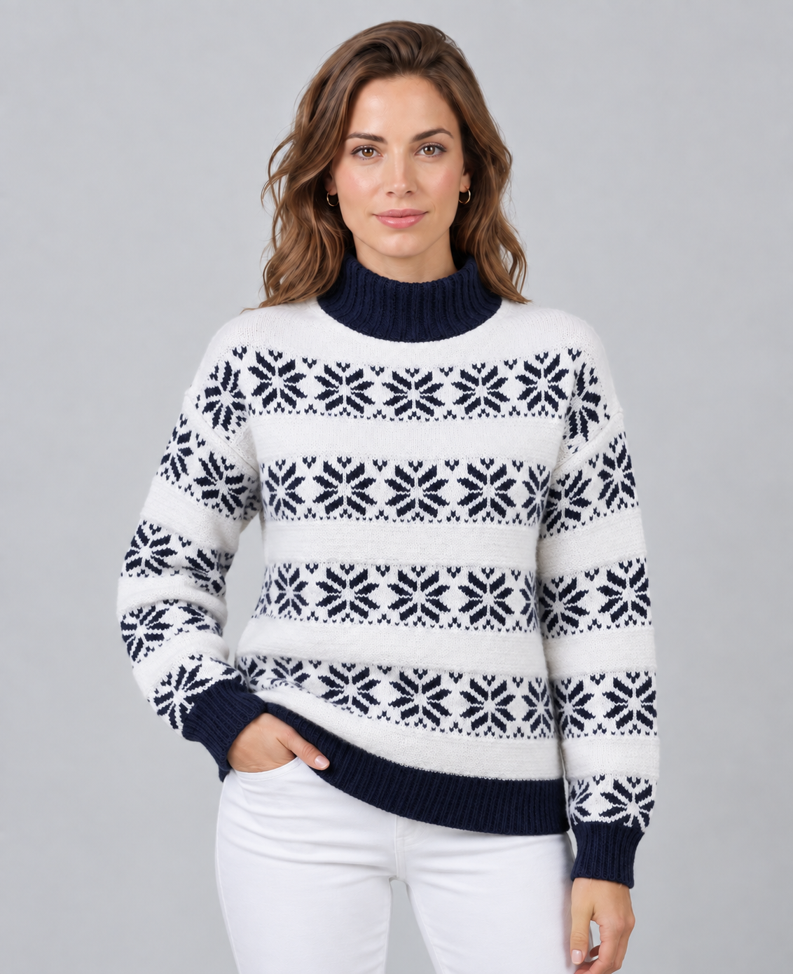 Jersey Fair Isle Mujer Cuello Alto Contraste Copos de Nieve