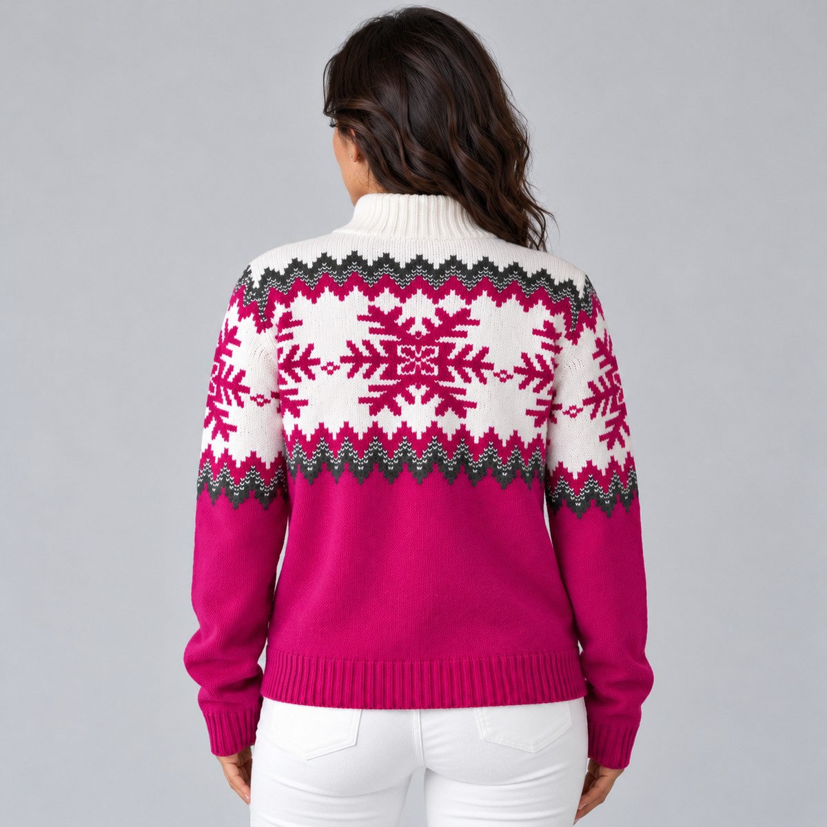 Jersey Fair Isle Mujer Media Cremallera Cuello Embudo Copos de Nieve