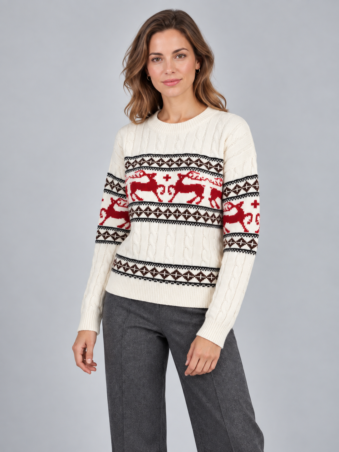 Women's Fair Isle Reindeer Aran Cable Knit Christmas Sweater