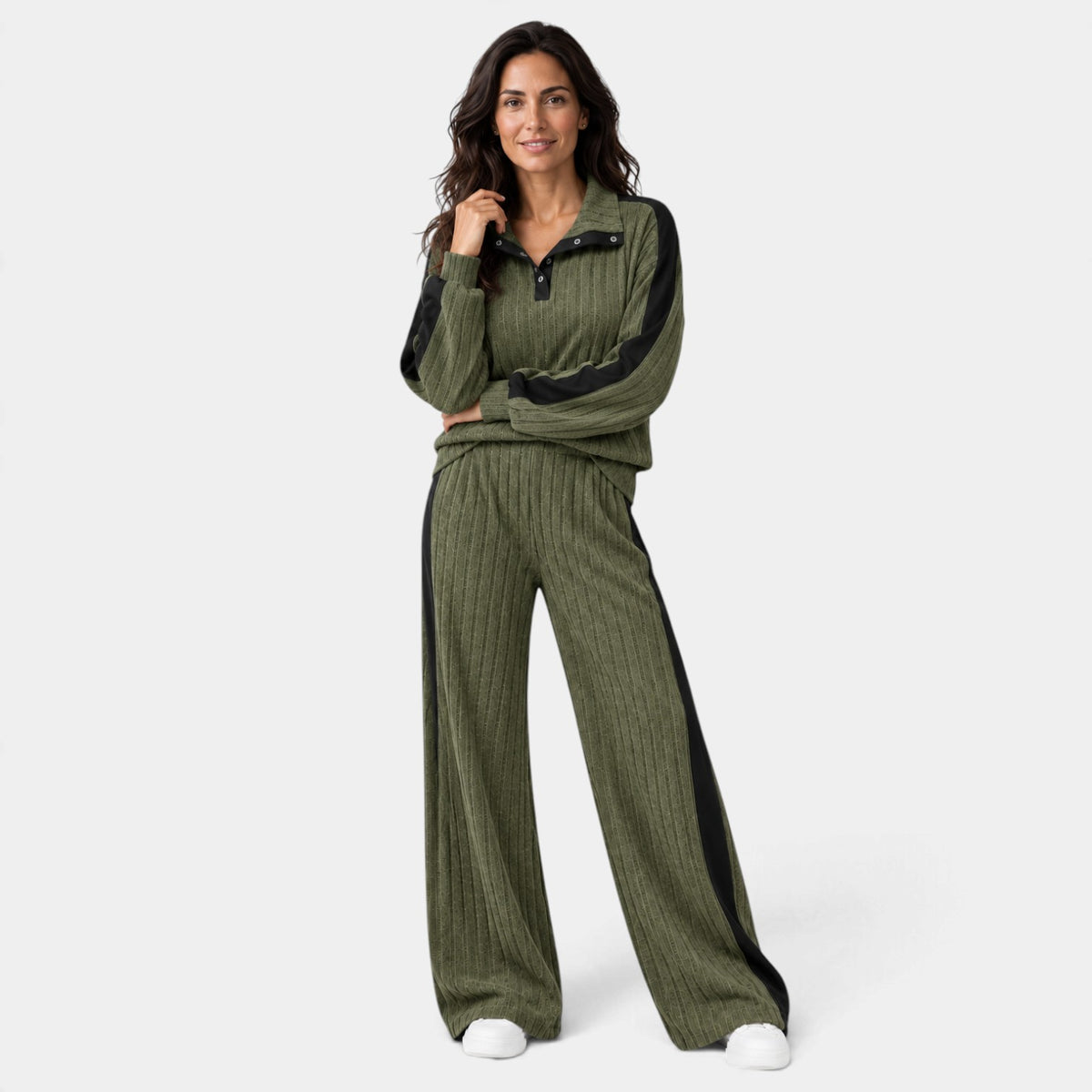 Conjunto de Punto a Rayas con Ribete Contraste para Mujer