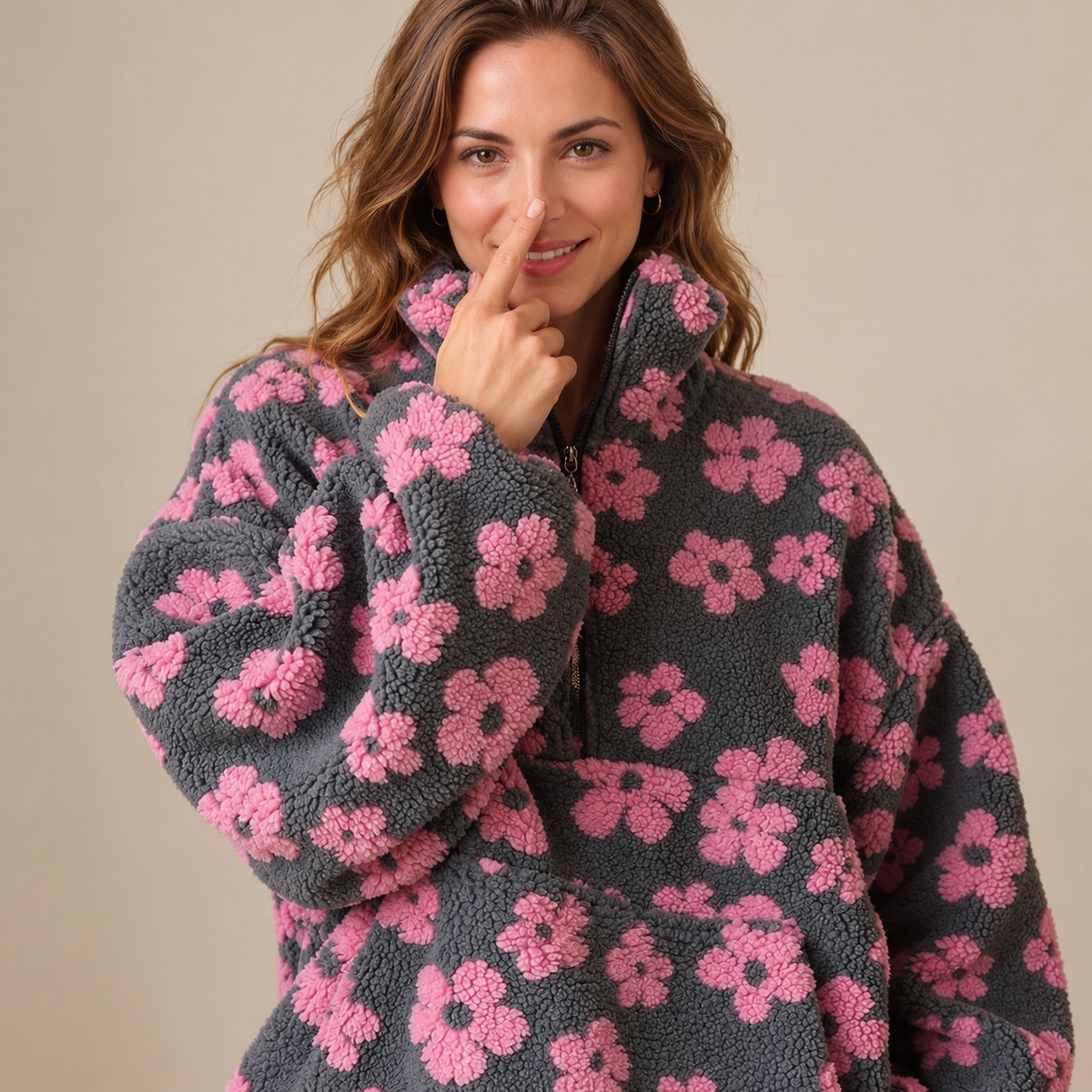Women's Oversized Floral Print Sherpa Fleece Jacket - Zip-Up