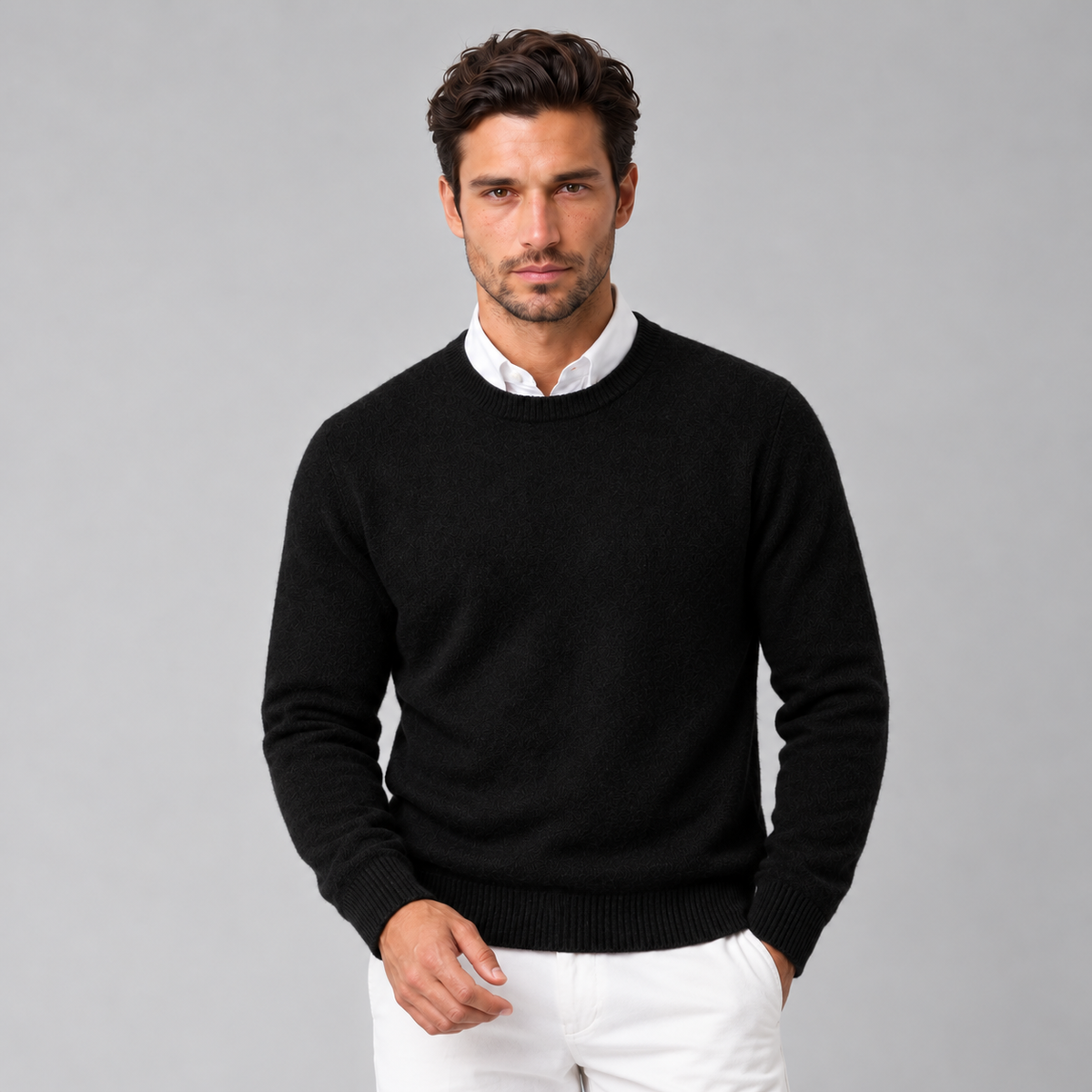 Men's Cashmere Crew Neck Sweater - Regular Fit, Ribbed Trim