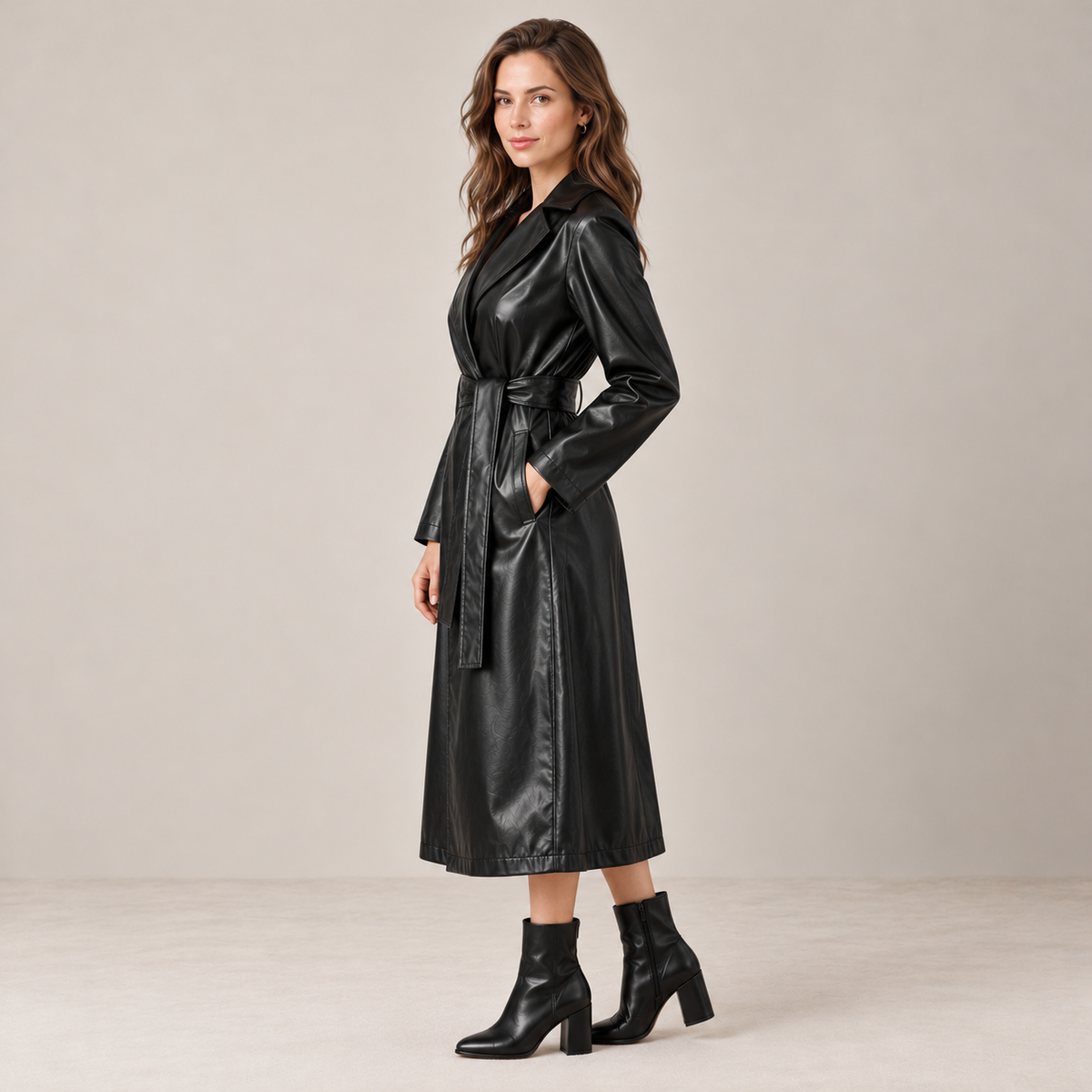 Women's Black Faux Leather Trench Coat - Belted, Long