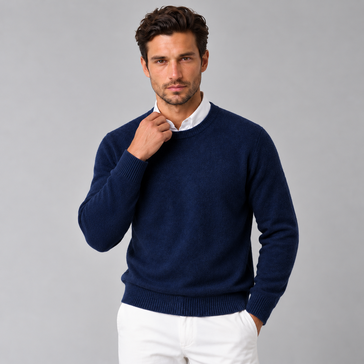 Men's Cashmere Crew Neck Sweater - Regular Fit, Ribbed Trim