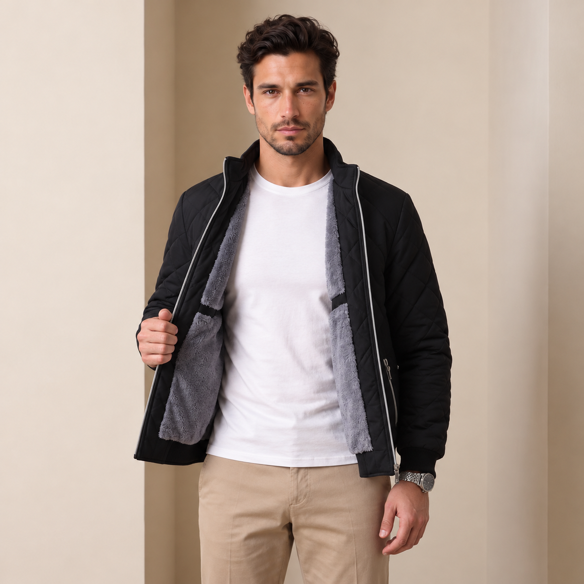 Men's Black Quilted Bomber Jacket - Padded Zip-Up
