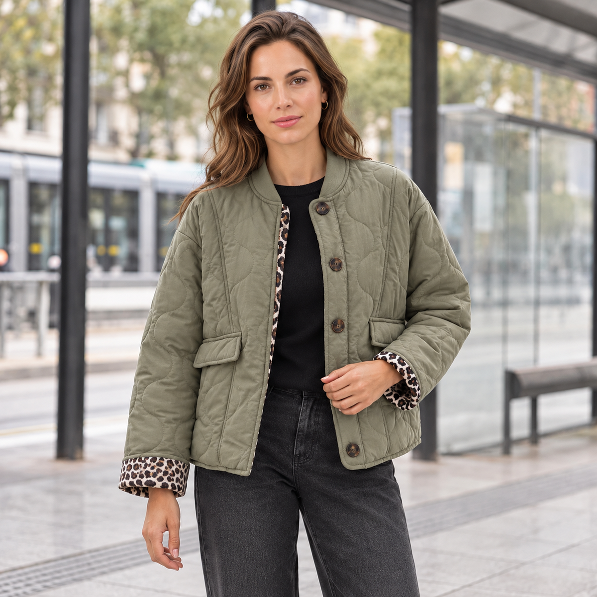 Chaqueta Acolchada Corta Mujer con Forro de Leopardo y Botones