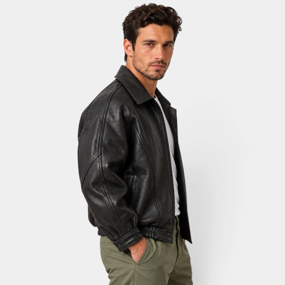 Men's black leather jacket with zipper and elastic hem