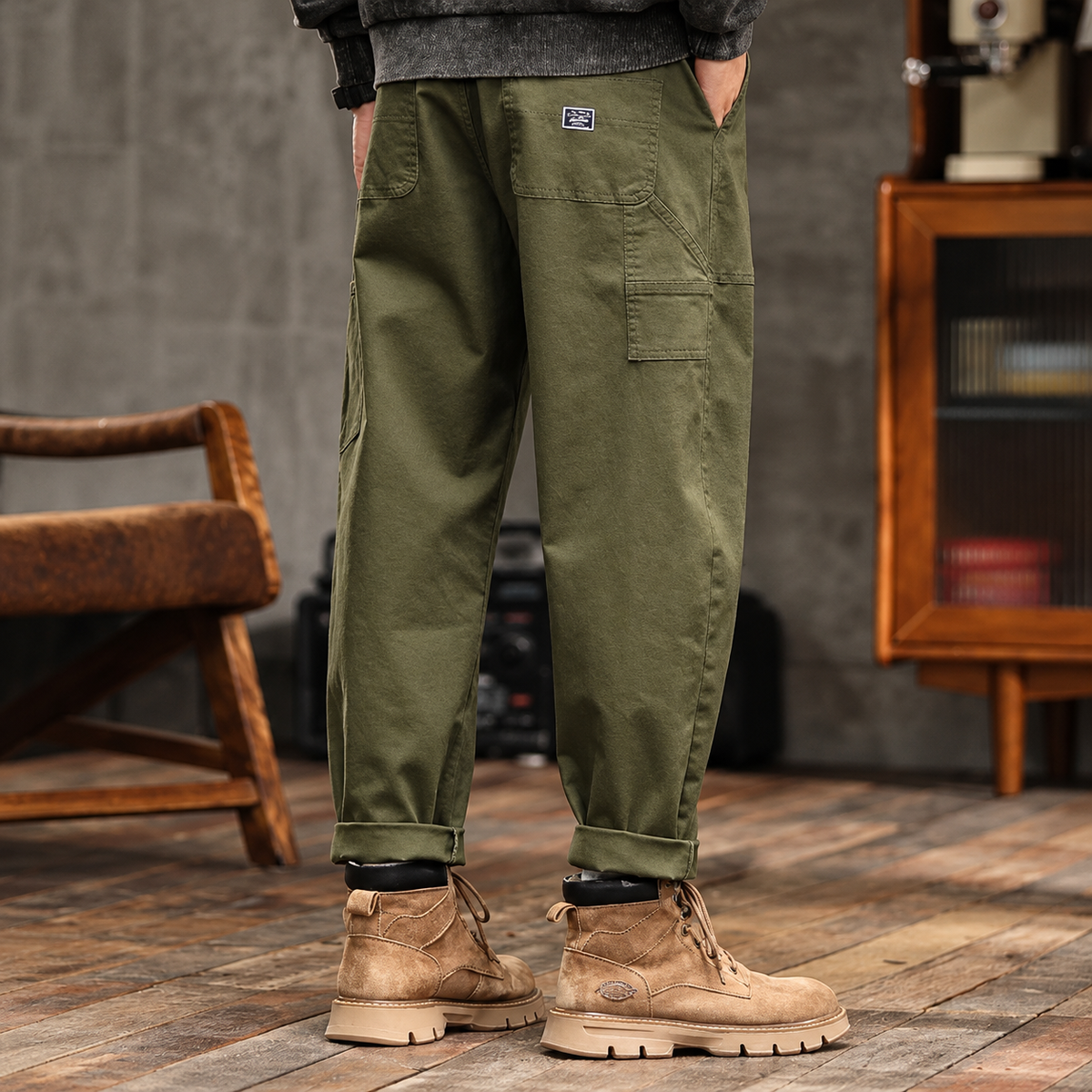 Men's Cargo Pants with Patch Pockets - Belt Detail