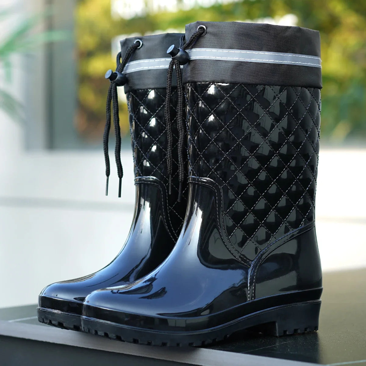 Botas de Agua Negras Mujer Acolchadas con Cordón