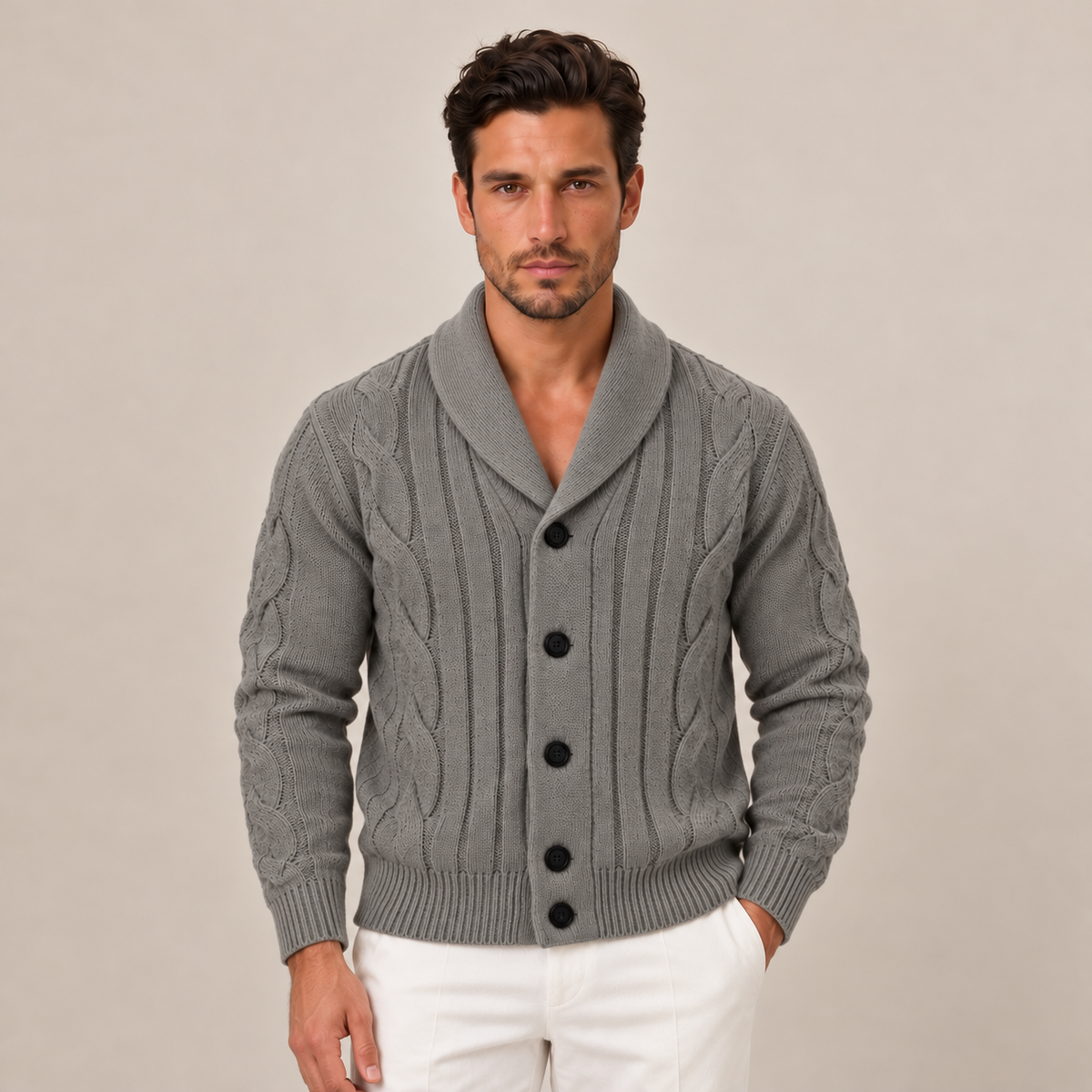 Men's Cable Knit Button-Up Cardigan Sweater