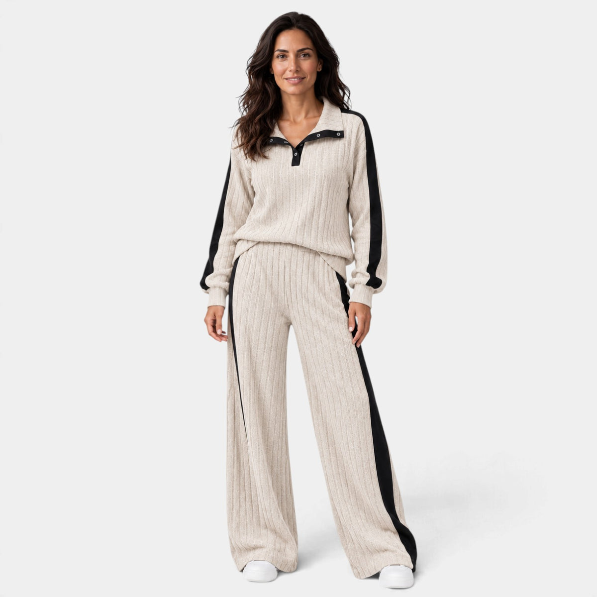 Conjunto de Punto a Rayas con Ribete Contraste para Mujer