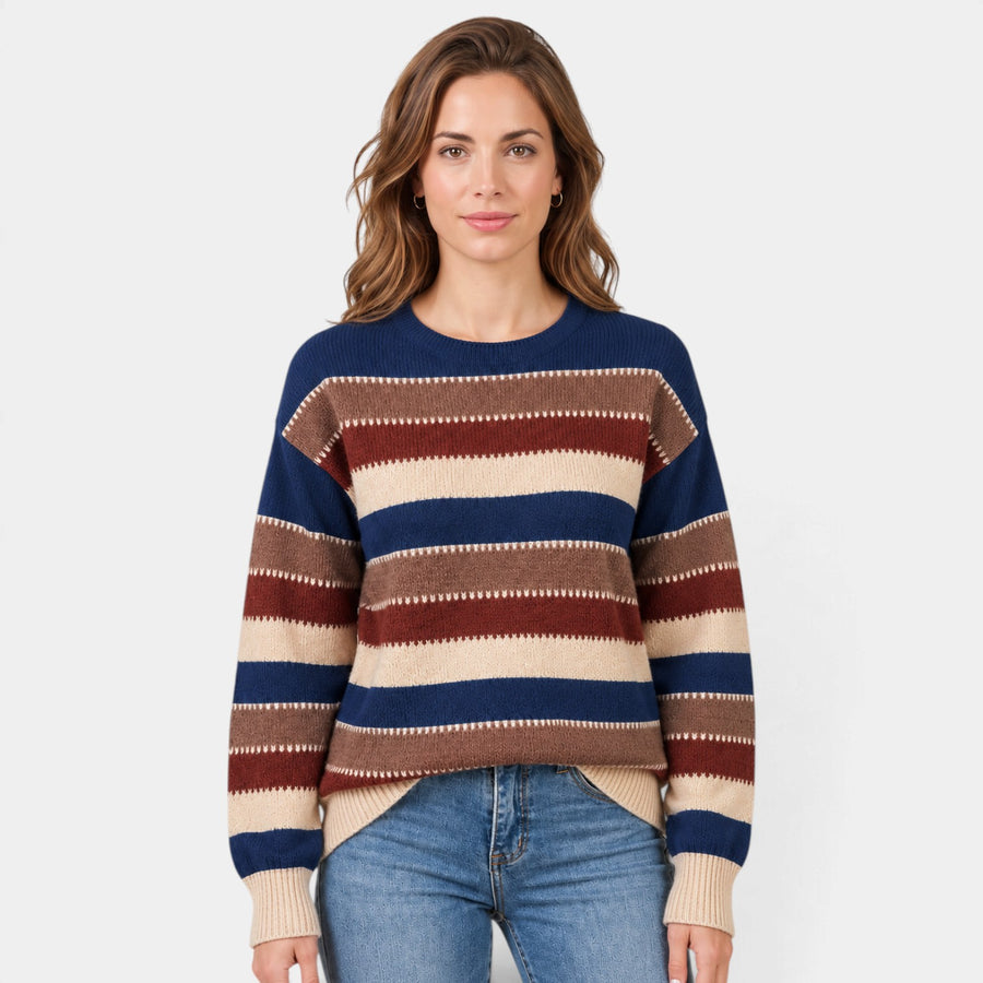 Jersey de Rayas para Mujer Cuello Redondo Corte Holgado