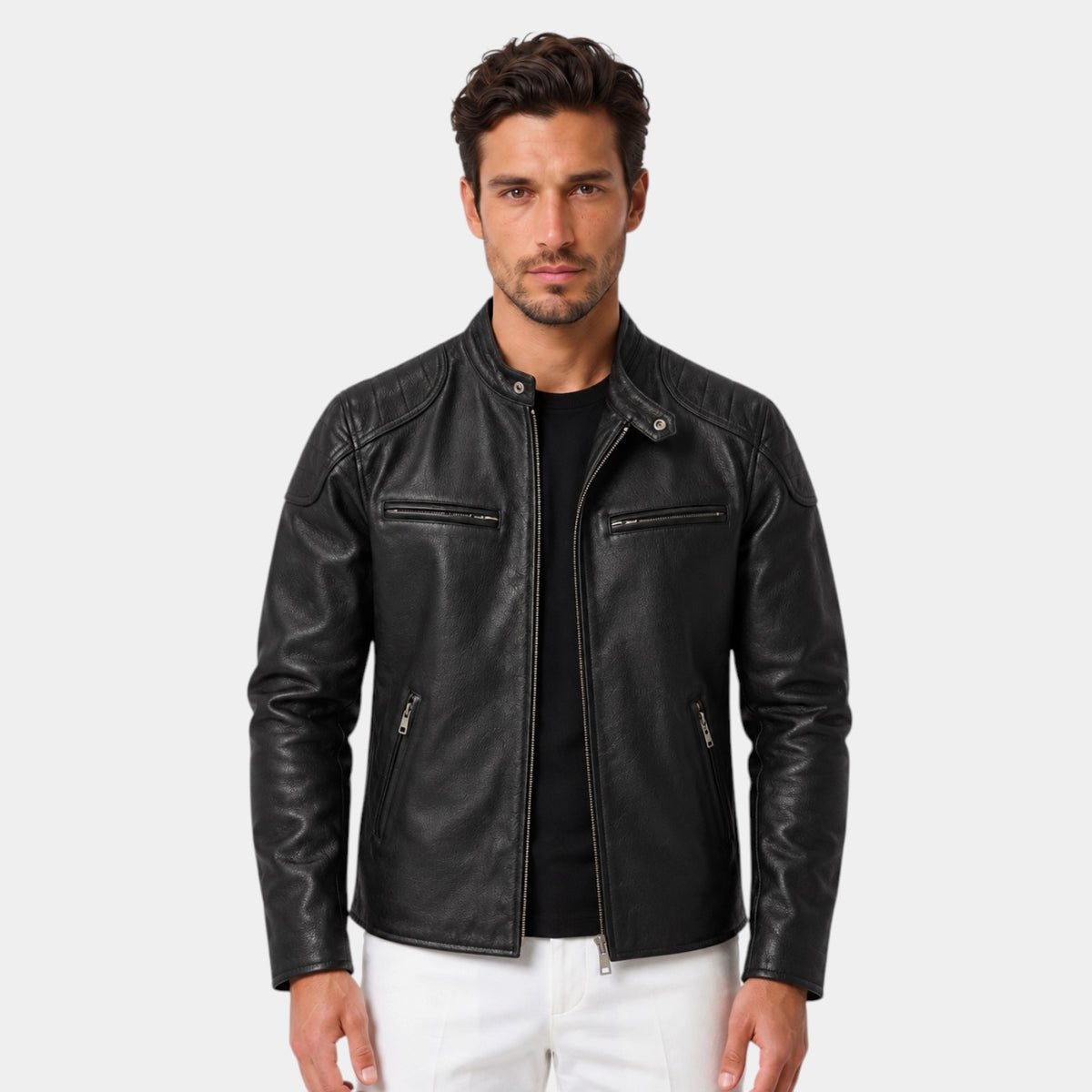 Chaqueta de Cuero Genuino Hombre Cuello Alzado con Cremallera