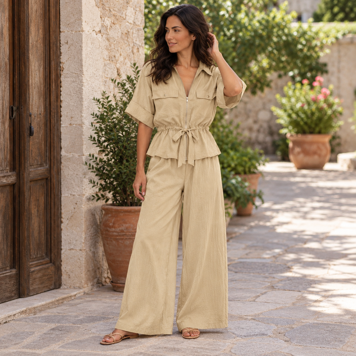 Conjunto Camisa y Pantalón Satinado Mujer de Cintura Alta
