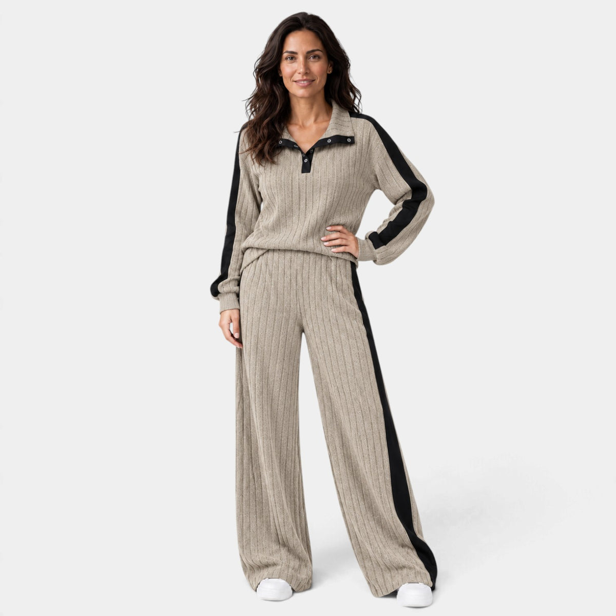 Conjunto de Punto a Rayas con Ribete Contraste para Mujer