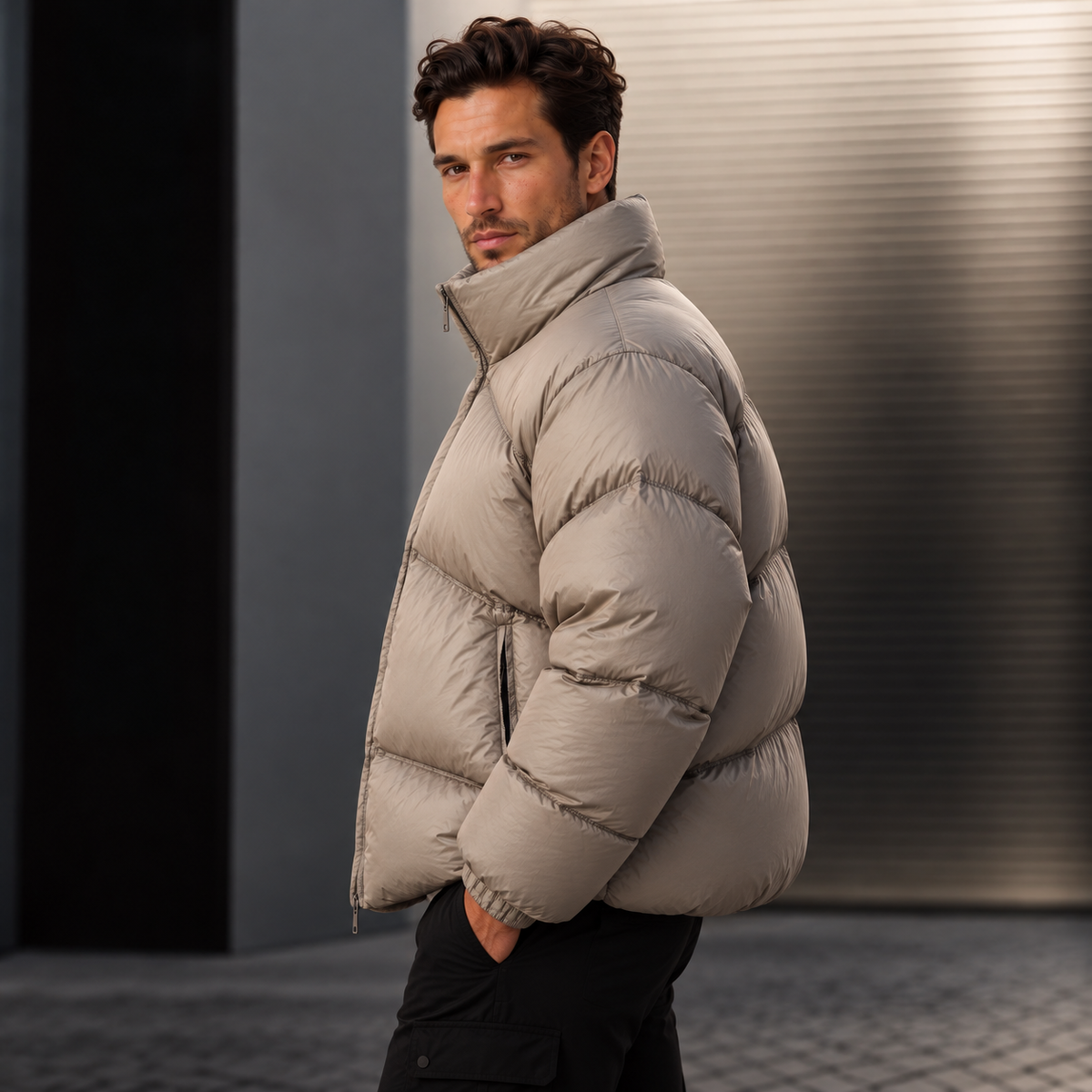 Men's High Neck Zip-Up Puffer Jacket - Quilted Stand Collar