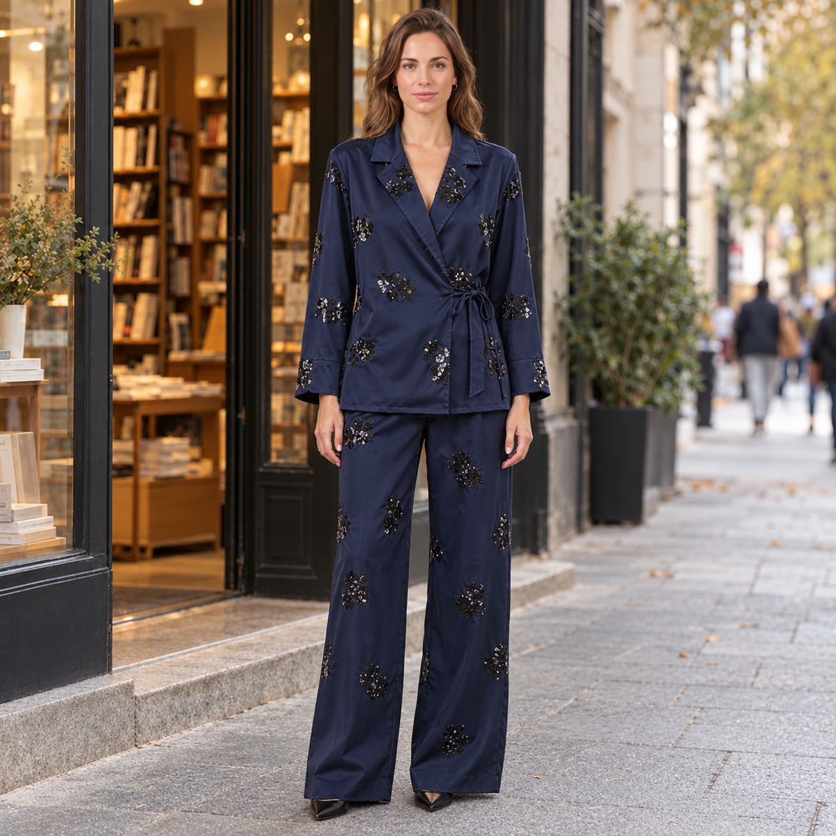Women's Navy Blue Sequin Blazer and Pants Suit Set