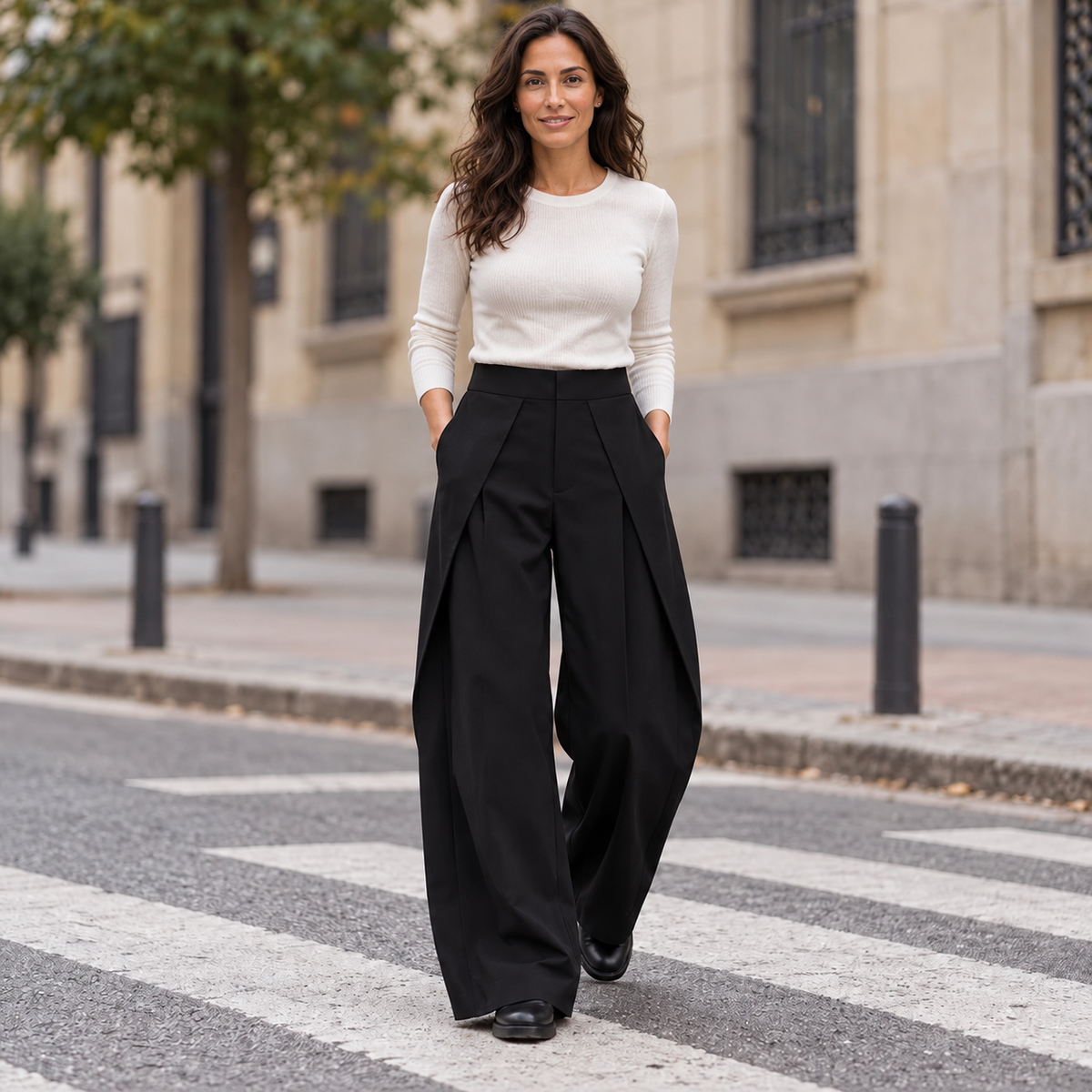 Women's High-Waisted Pleated Wide Leg Pants - Front Darts
