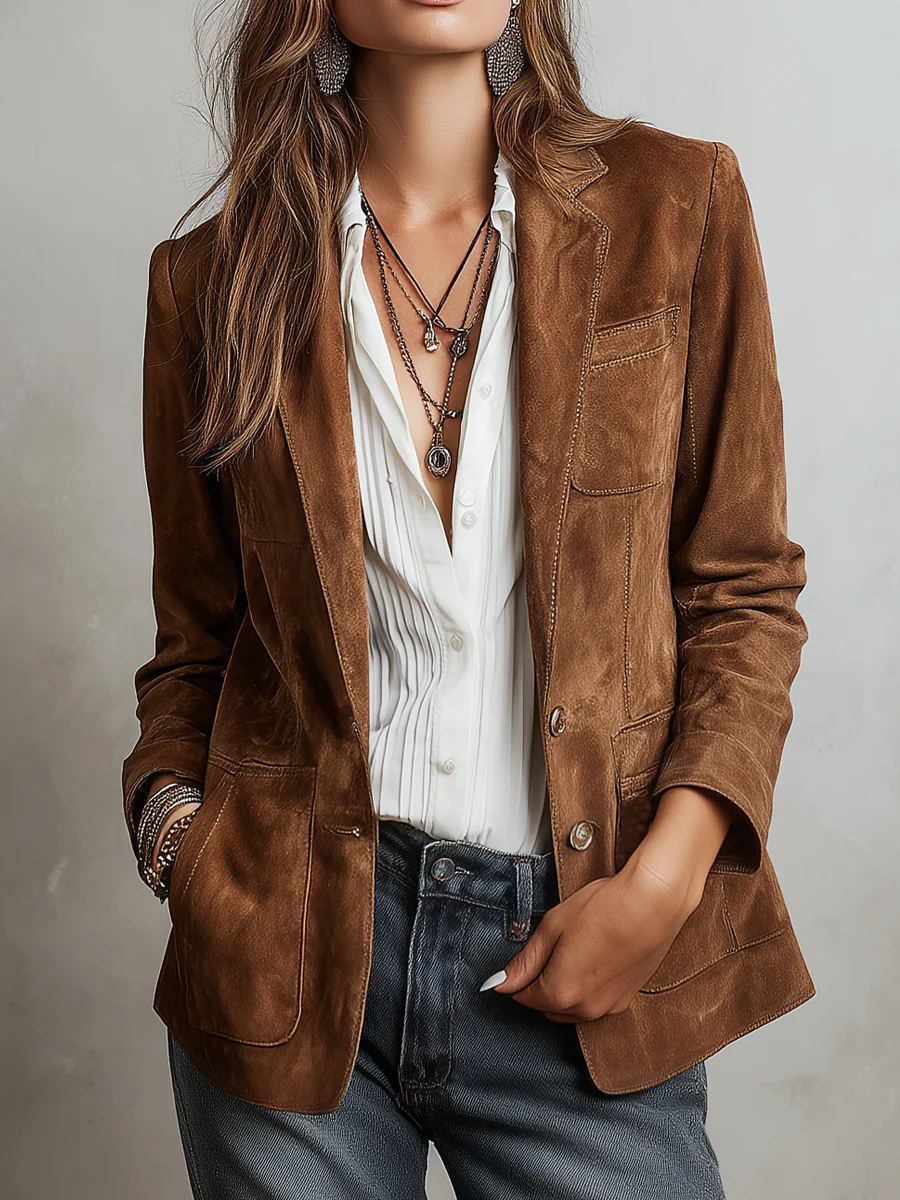 Women's Brown Suede Vintage Jacket - Contrast Stitching