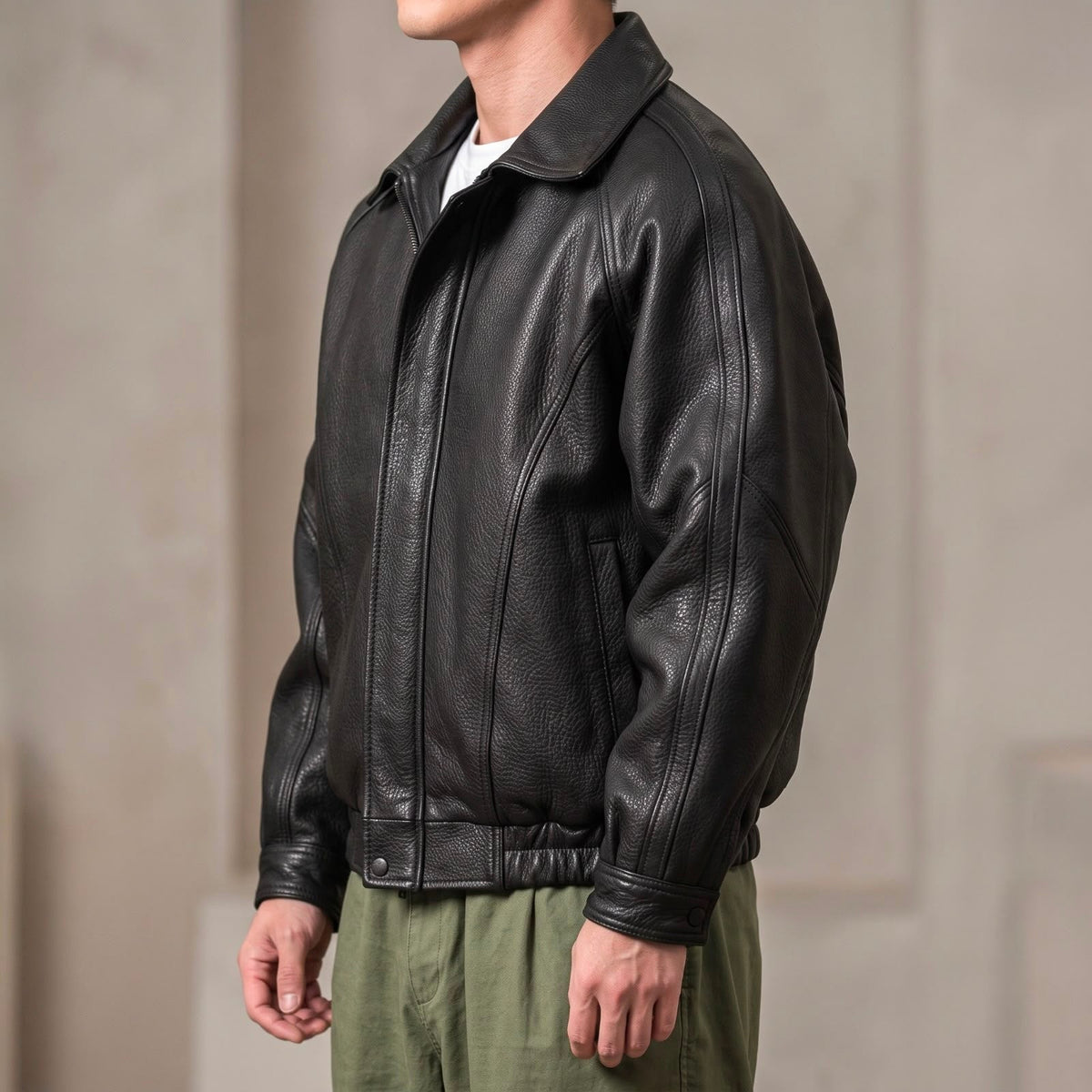 Men's black leather jacket with zipper and elastic hem