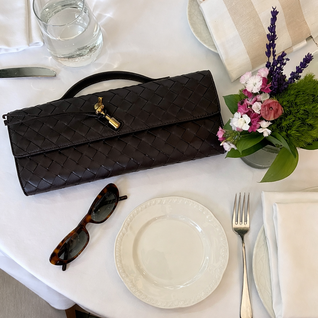 Women's Woven Vegan Leather Clutch - Evening Handbag, Gold Clasp