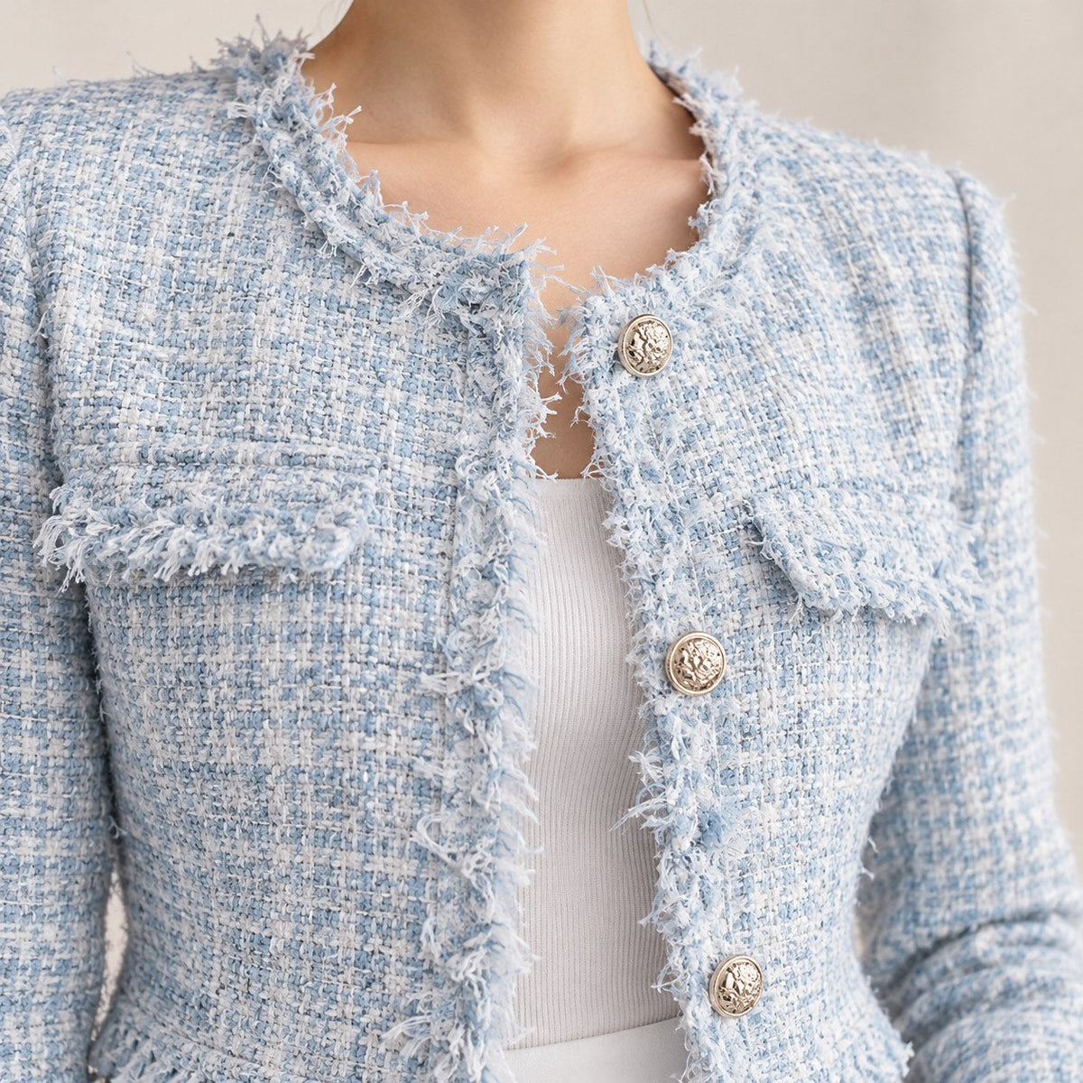 Chaqueta de Tweed Corta Mujer con Flecos y Botones Dorados