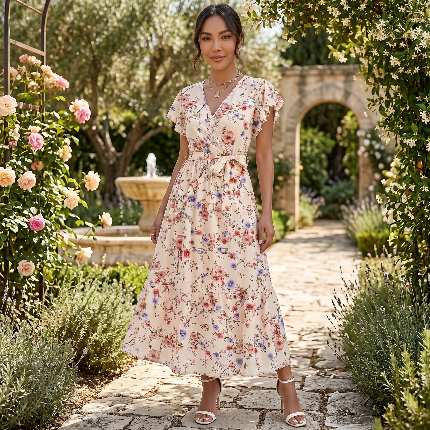 Women's Long Beige Boho Floral Dress