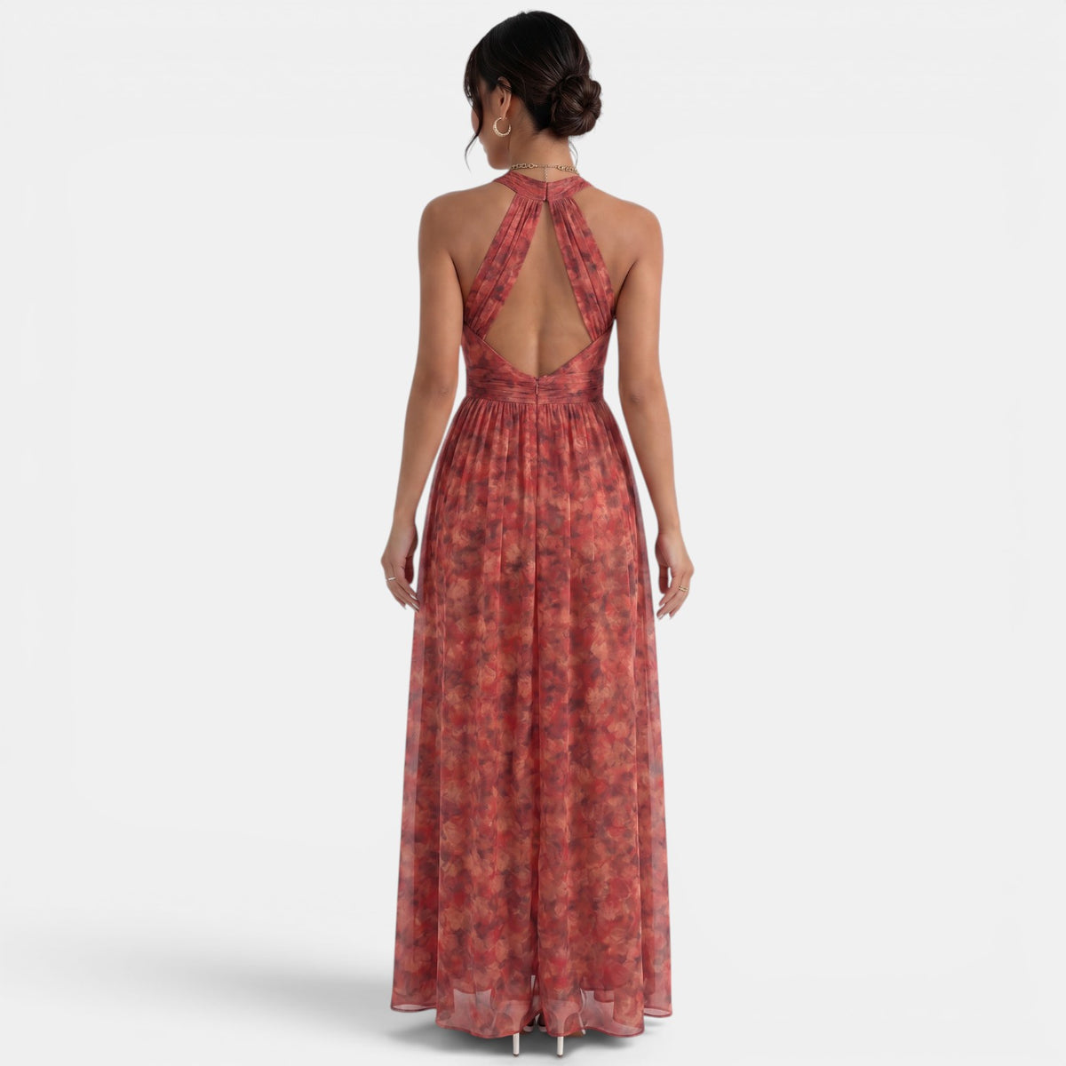 Women's Red Floral Halter Maxi Dress - Front Slit