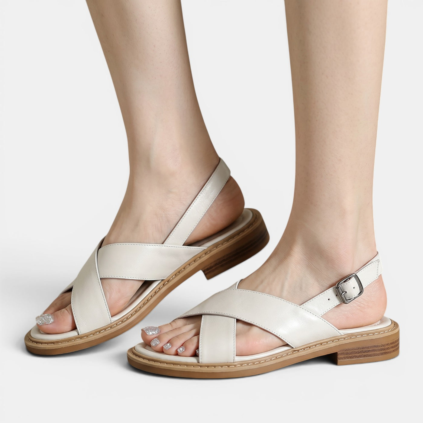 Women's Beige Crossed-Strap Leather Sandals