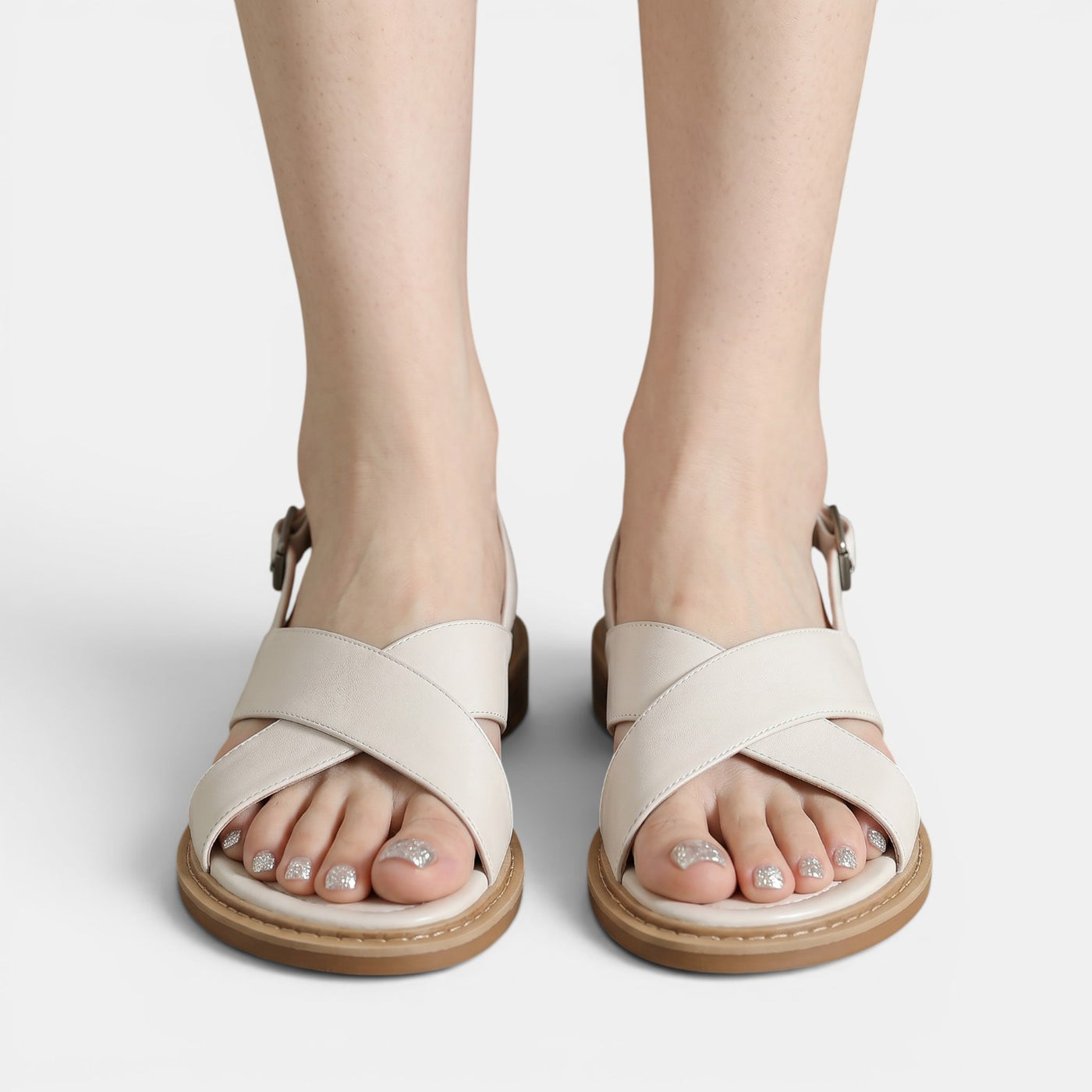 Women's Beige Crossed-Strap Leather Sandals