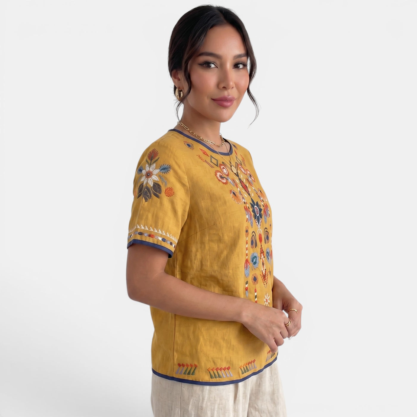 Camiseta Bordada Lino Mujer