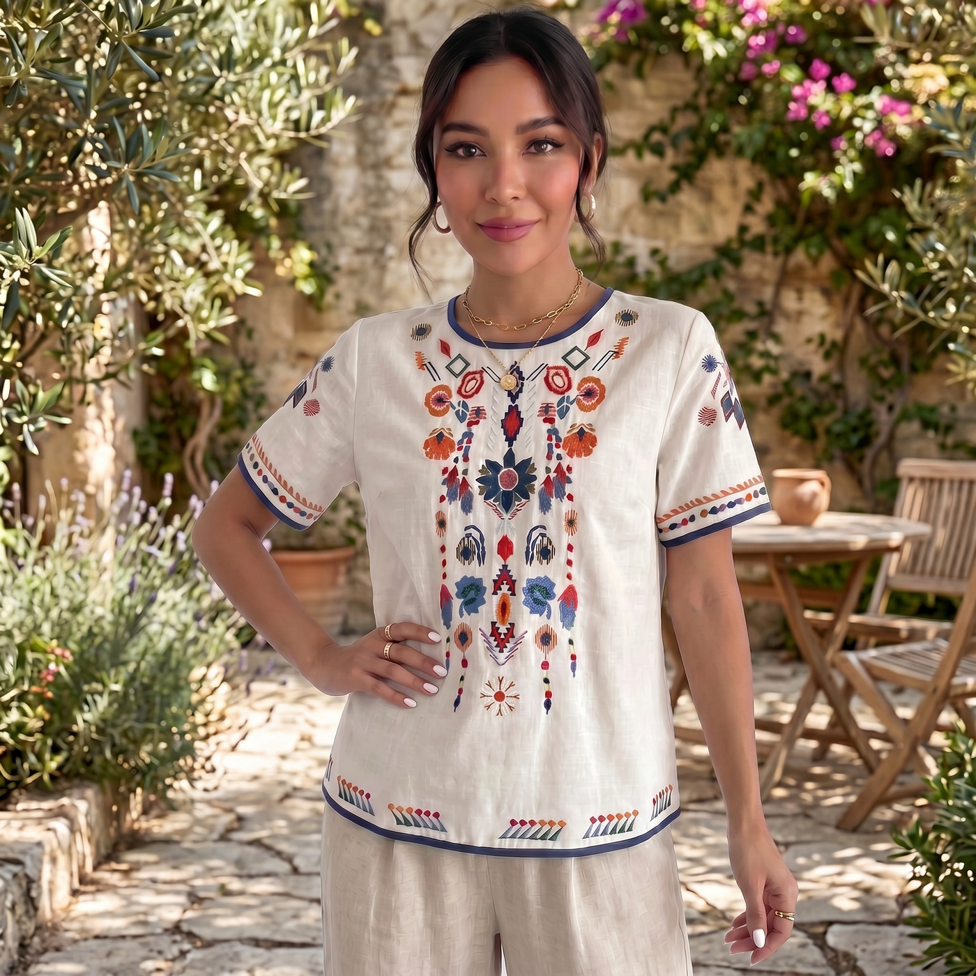 Camiseta Bordada Lino Mujer