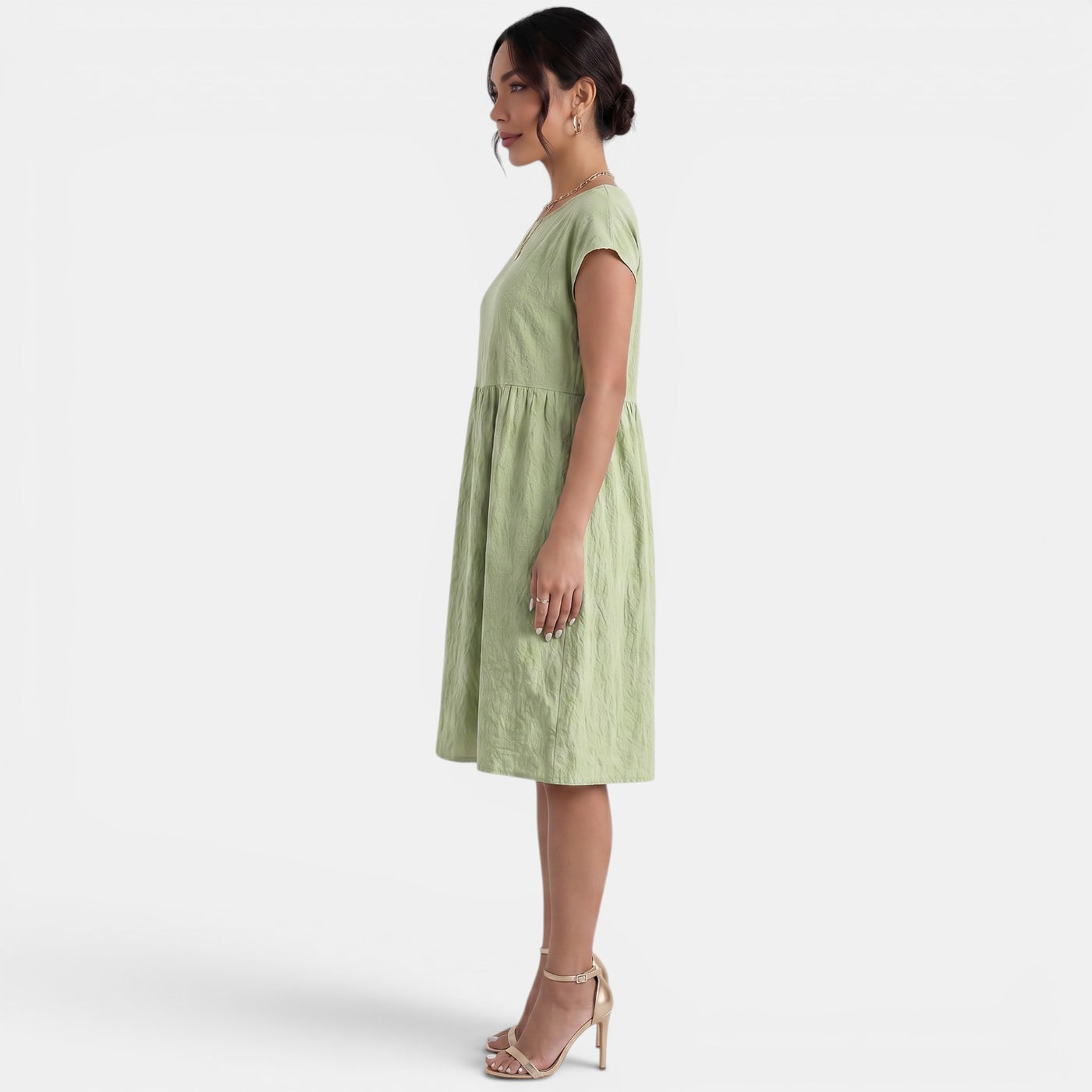 Women's Midi Cotton Linen Pleated Waist