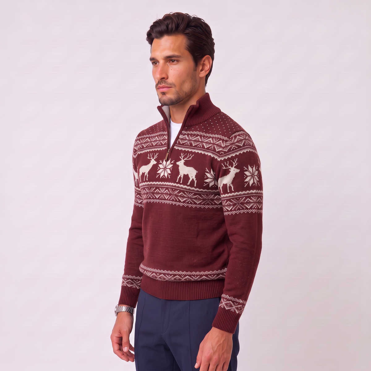 Jersey Navideño Hombre Fair Isle Media Cremallera